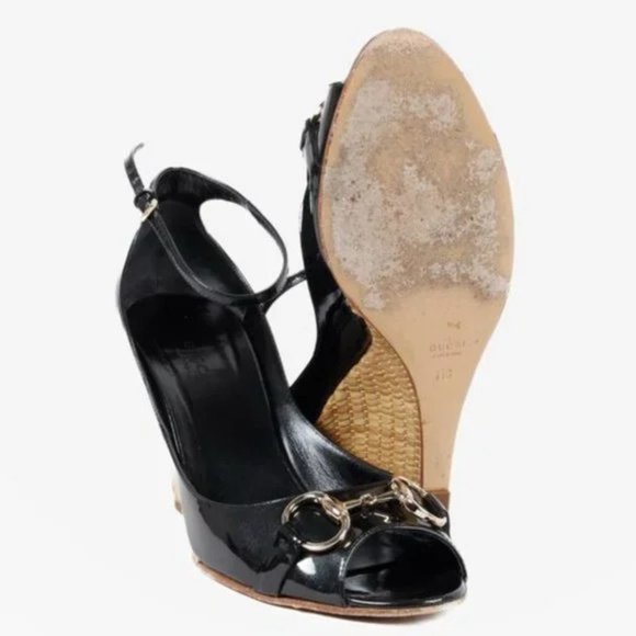 Gucci Horsebit Black Patent Leather Espadrille Wedges - Picture 4 of 12